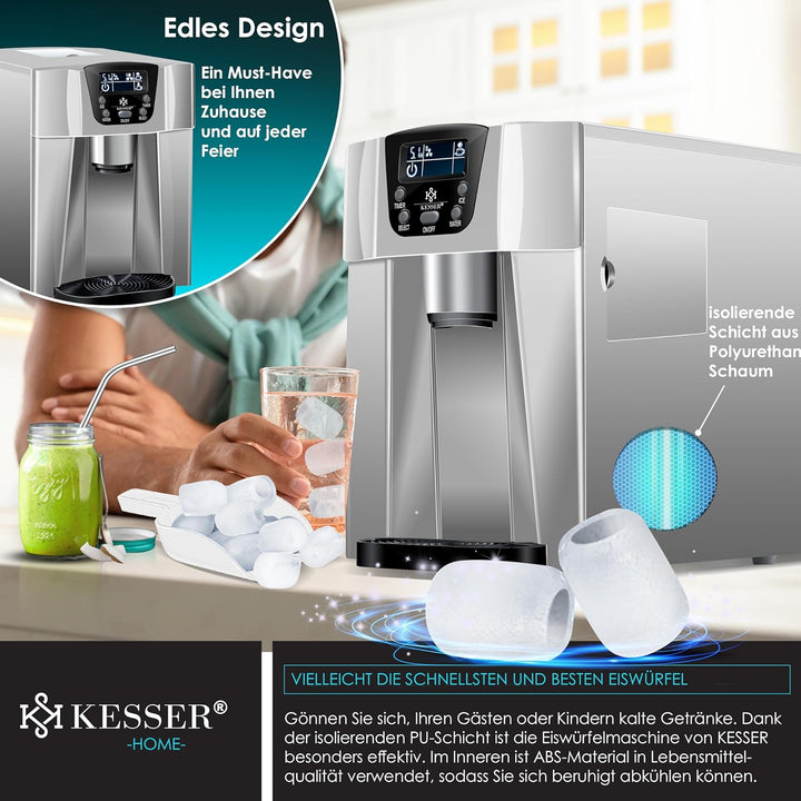 KESSER® Eiswürfelbereiter | Eiswürfelmaschine Edelstahl | 100W Ice Maker | 12 kg 24 h | 2 Würfelgrös