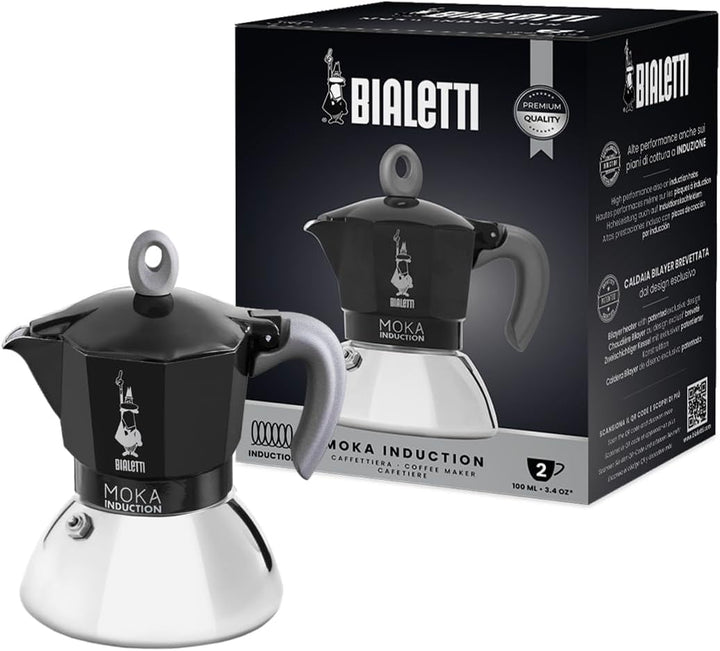 Bialetti - Moka Induction, Moka-Kanne, Geeignet für Alle Herdarten, 2 Tassen Espresso (100ml), Schwa