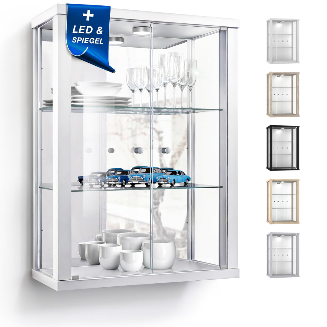 K-Möbel Hängevitrine in Weiss (80x60x25 cm) mit 2 höhenverstellbaren Glasböden, Spiegel & LED - Mode