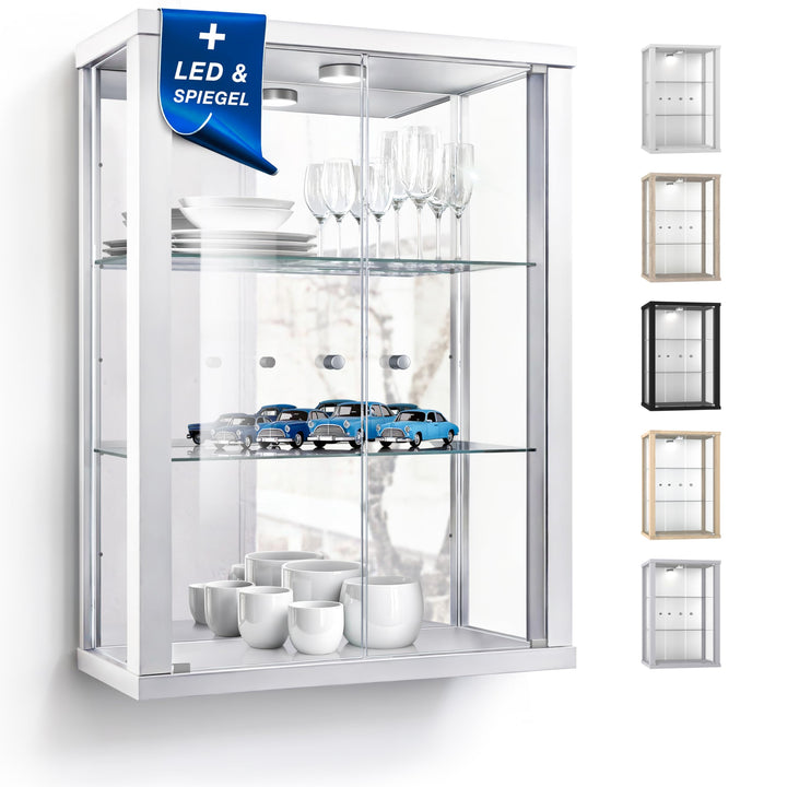 K-Möbel Hängevitrine in Weiss (80x60x25 cm) mit 2 höhenverstellbaren Glasböden, Spiegel & LED - Mode