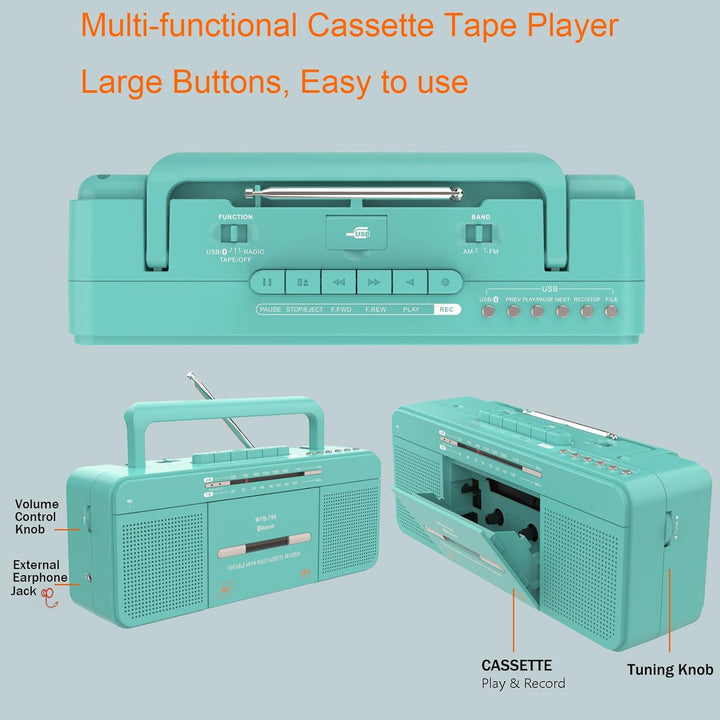 WTB-795 Retro Kassettenspieler mit USB/Bluetooth/AM/FM-Radio-Stereo, integriertem Mikrofonrecorder,
