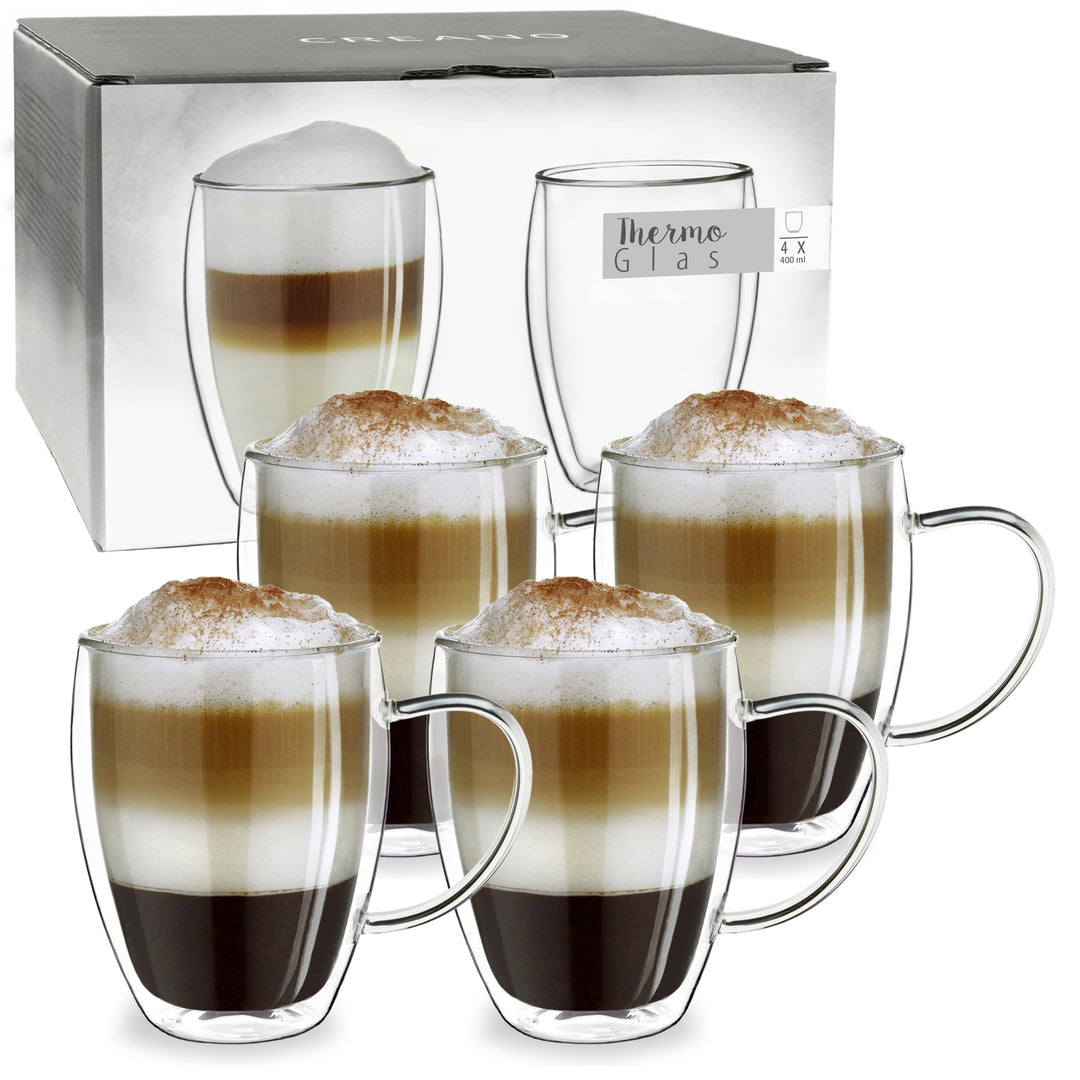 Creano doppelwandiges Thermoglas mit Henkel 400ml, grosses Doppelwandglas aus Borosilikatglas, Kaffe