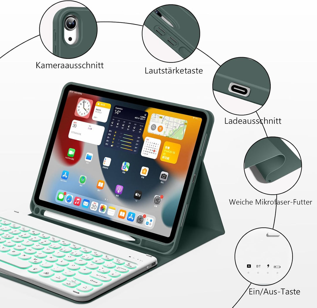 Hülle mit Tastatur für iPad 11 Generation A16/10 Generation (11/10.9 Zoll,2025/2022),7-farbige Beleu