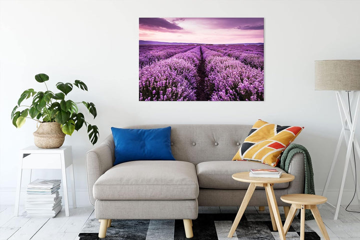 Pixxprint blühendes Lavendelfeld als Leinwandbild | Grösse: 100x70 cm | Wandbild | Kunstdruck | fert