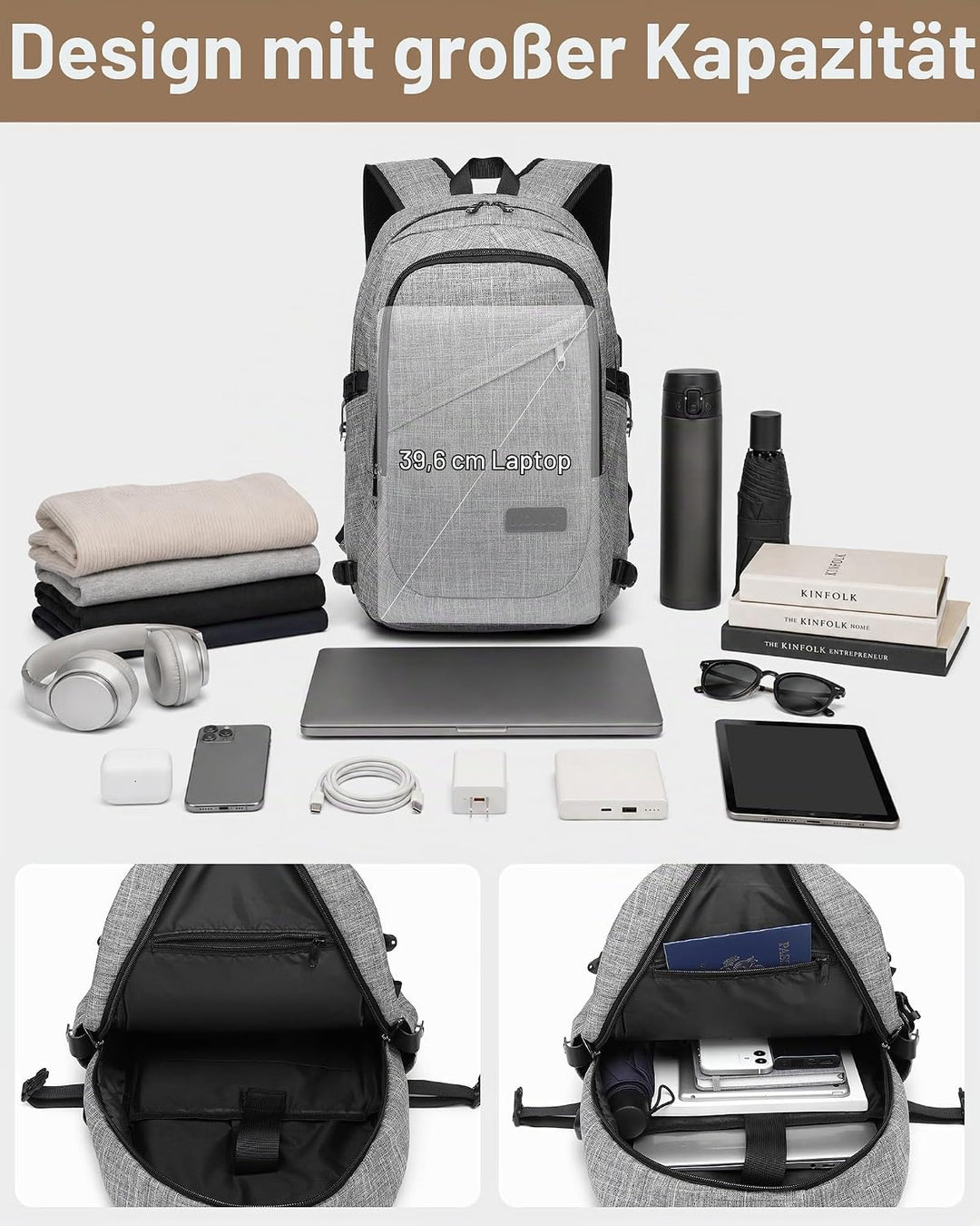 KONO Laptop Rucksack für Herren und Damen, Wasserdichter und Diebstahlsicher Business Laptoprucksack