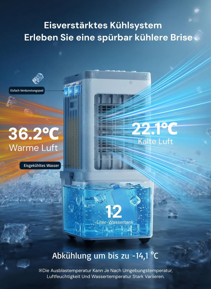 Mobile Klimaanlage, 3-in-1 Luftkühler, Verdunstungskühler, 12L Wassertank, 3 Kühlakkus, 3 Geschwindi