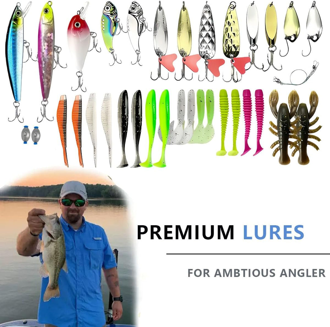 Angelköder Set mit 131 Teilen - Professionelles Angelzubehör mit Köderbox, Inkl. Gummifische, Spinne
