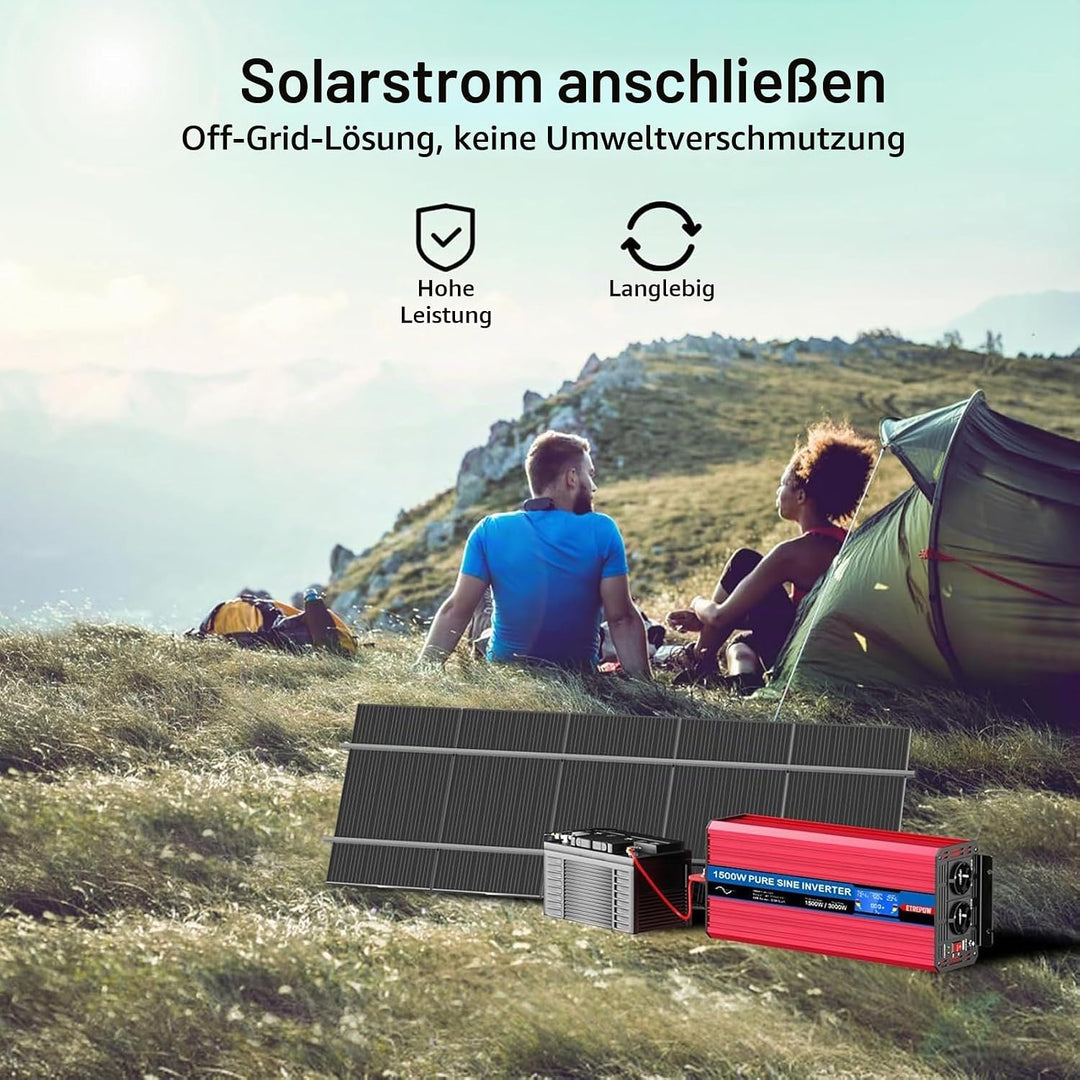 ETREPOW 1500w Wechselrichter 12v Auf 230v Reiner Sinus Spannungswandler mit 2 EU-Steckdose und Einer