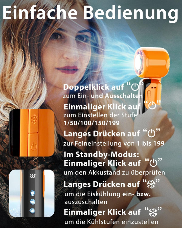 Tragbarer Turbo Handventilator mit Ice-Cooling, USB-C aufladbar,90° klappbar,1–199 Geschwindigkeitss