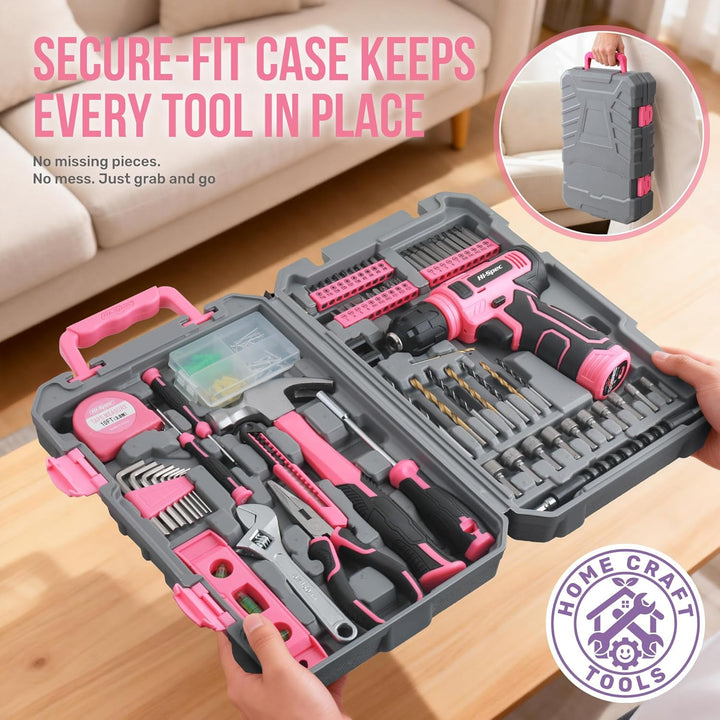 Hi-Spec Werkzeugset in Pink mit 8V Akku-Bohrschrauber, USB Wiederaufladbar – Kompakter Werkzeugkoffe