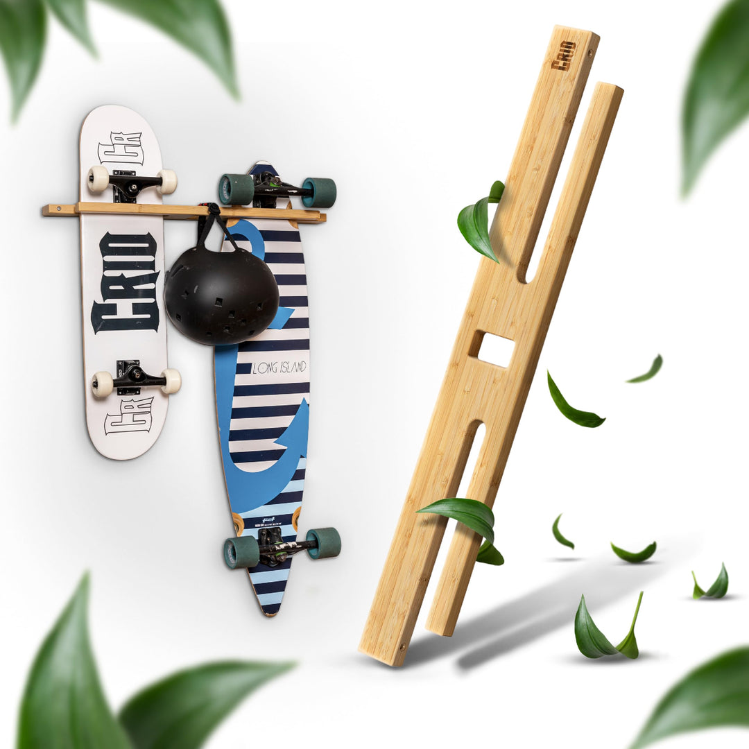 CRID Doppel Skateboard Wandhalterung aus Bambus - Universal Halterung für Skateboard, Longboard, Sno