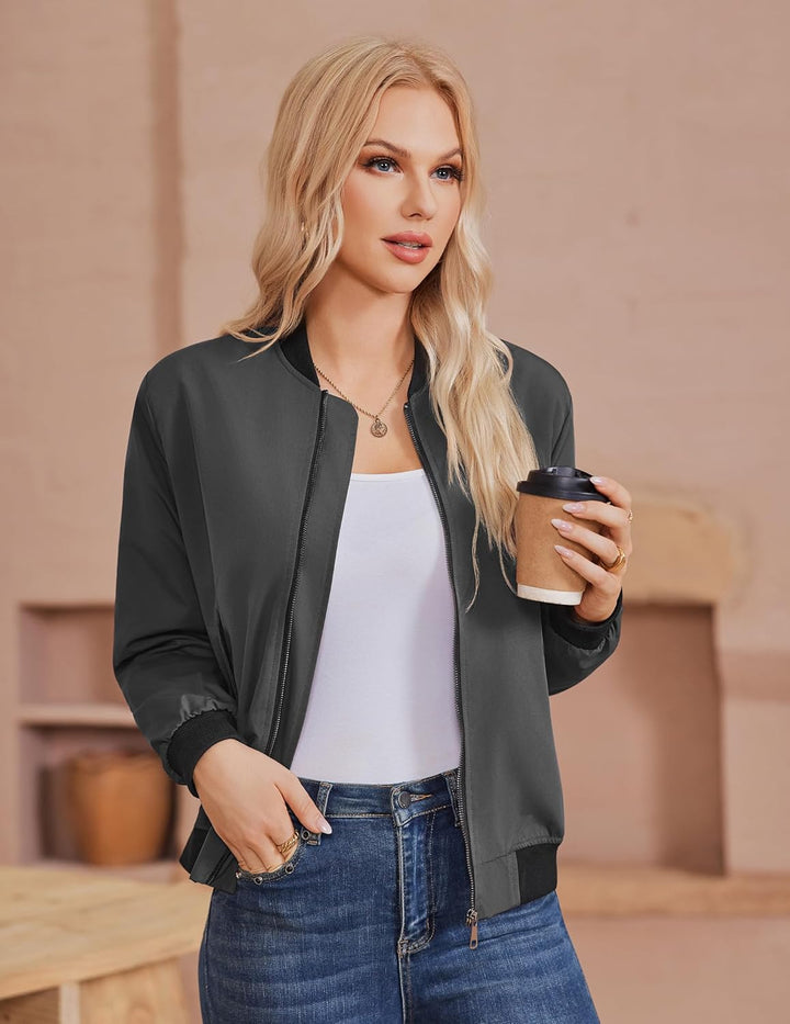 Zeagoo Bomberjacke Damen Kurz Blouson Jacket leichte Fliegerjacke Langarm Casual Frühling Pilotenjac
