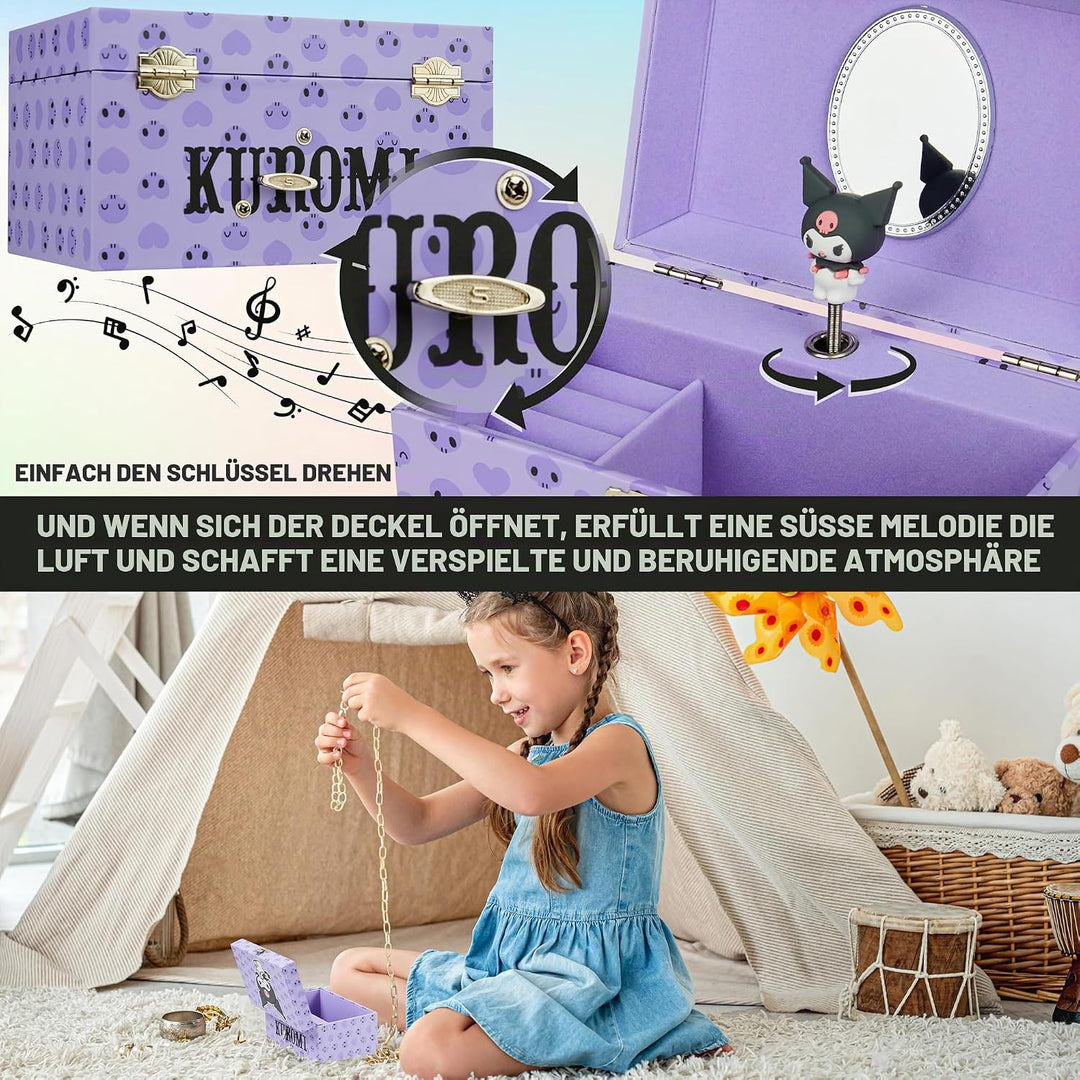 Hello Kitty Sanrio Kuromi Schmuckkästchen Mädchen mit Spieluhr, Spiegel, Schmuckschatulle Kinder für