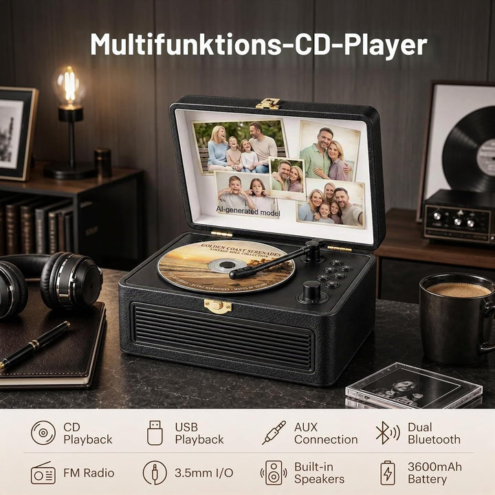 Gueray Tragbarer Bluetooth CD-Player mit Lautsprechern 3600mAh Wiederaufladbarer Vintage CD Spieler
