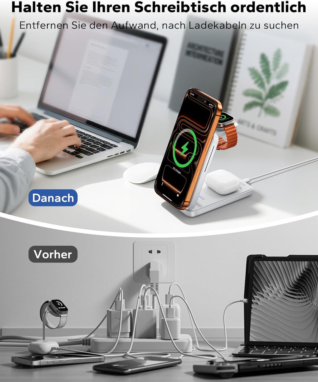 KPON Ladestation für Apple Watch und iPhone, 3 in 1 Faltbares Magsafe Ladegerät Schnellladung Kompat