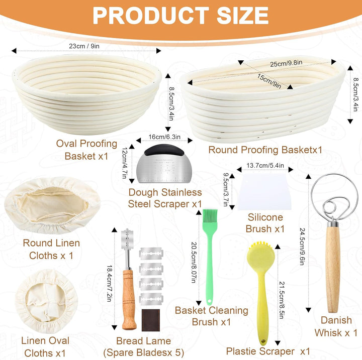 Brot Gärkorb Set, Gärkörbchen zum Brotbacken, 23cm Rund & 25cm Oval Brotkörbchen aus Natürlichem Rat