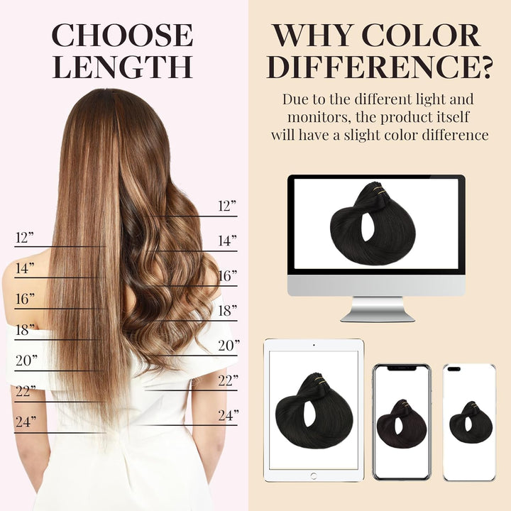 MAXITA Echthaar Extensions Clip, 40cm 16 Zoll 120g 7 Stück Naturschwarz Clip in Extensions Echthaar