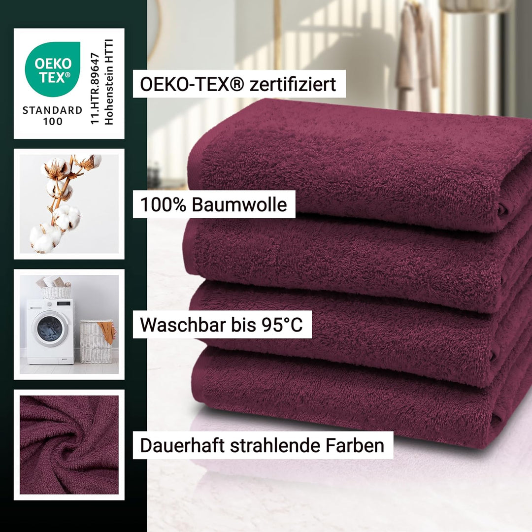 ZOLLNER 4er Set Handtücher, 50x100 cm, Baumwolle, Kochfest, brombeer