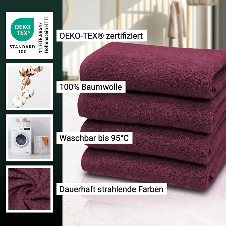 ZOLLNER 4er Set Handtücher, 50x100 cm, Baumwolle, Kochfest, brombeer
