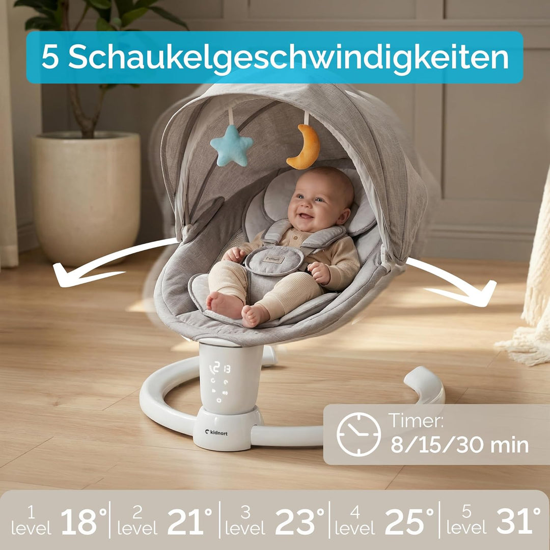 Drom Elektrische Babywippe für Kinder bis 9 kg, baby wippe mit Fernbedienung und Bluetooth, 5 Schauk