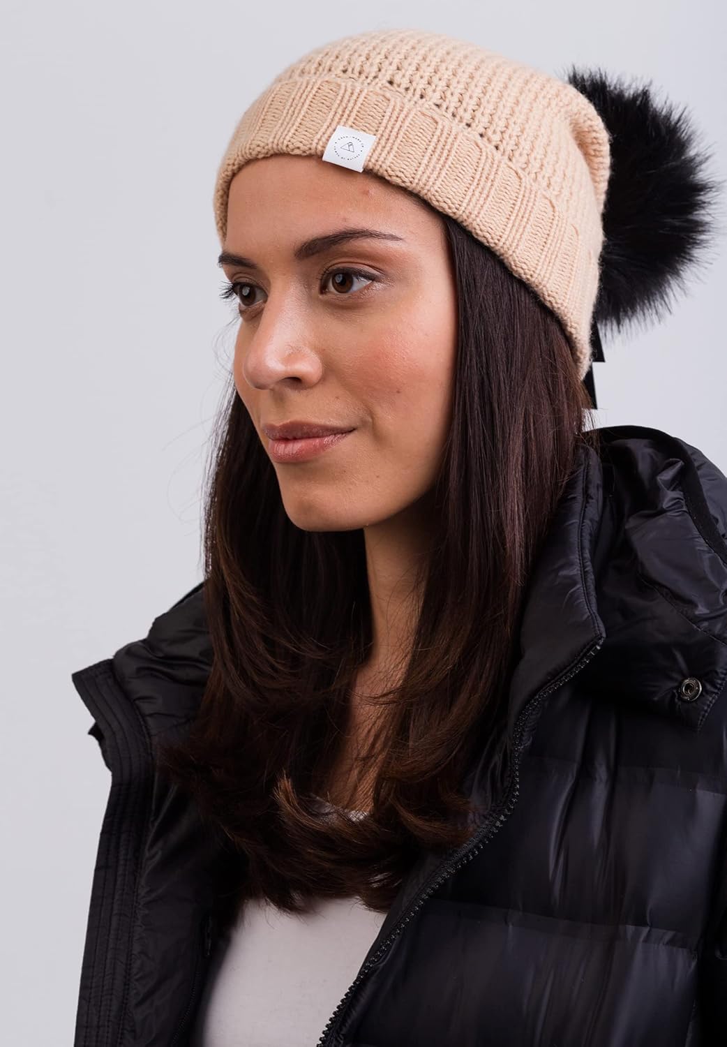 CASH-MERE.CH 100% Kaschmir Mütze | Strickmütze mit Pompon für Damen und Jugendliche Einheitsgrösse C