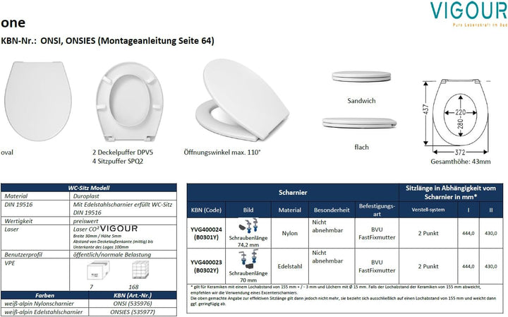 VIGOUR WC-Sitz one mit Deckel & Edelstahl-Scharniere weiss | ONSIES