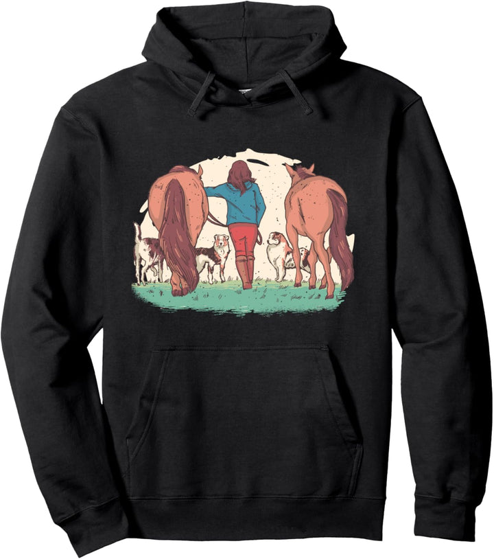 Farm Frau Rückansicht Bauernhof Pferd Hund Pferde Hunde Tier Pullover Hoodie