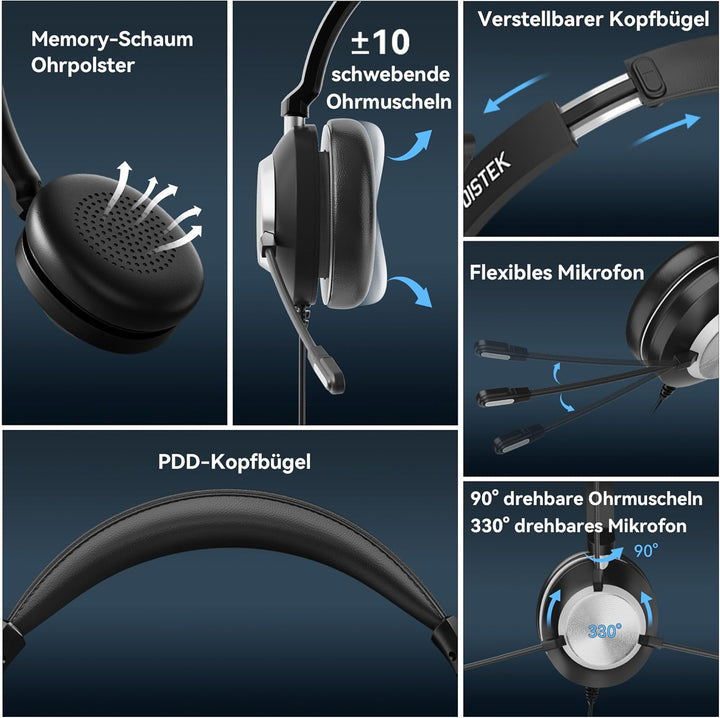 Voistek USB Headset mit Mikrofon für Laptop PC, Typ C-USB-3,5mm Jack, Wired On-Ear Kopfhörer mit Ger