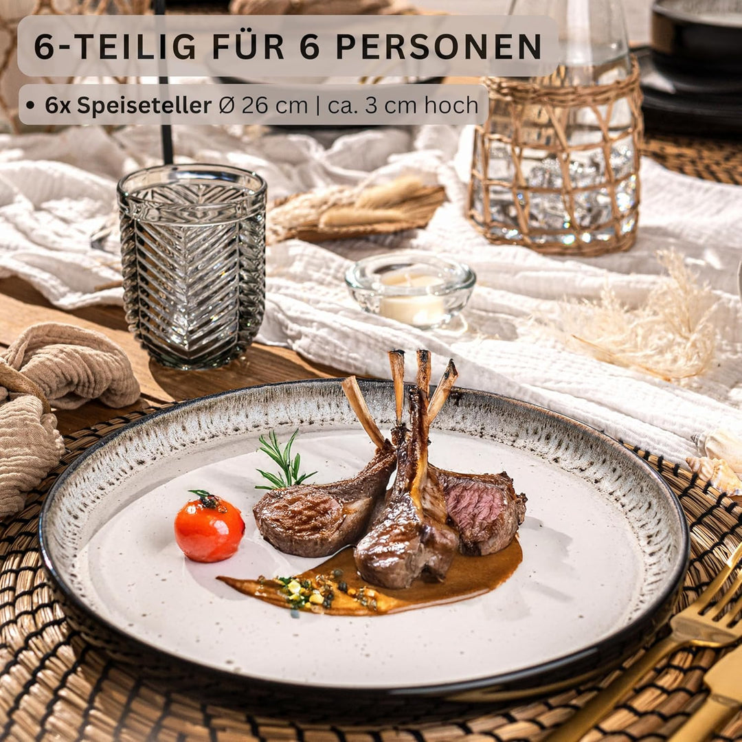 SÄNGER Sansibar | Teller Set 6 Personen, Steingut Geschirr Set 6 teilig, Speiseteller Essteller Dinn