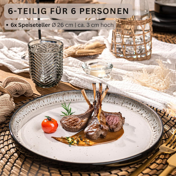 SÄNGER Sansibar | Teller Set 6 Personen, Steingut Geschirr Set 6 teilig, Speiseteller Essteller Dinn