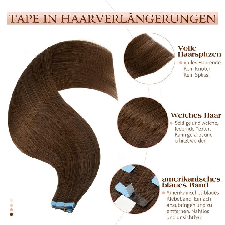 Tape in Extensions Echthaar, 24 Zoll 20pcs 50g, Invisible Tape Ins, Dünn & Komfortabel für Alltag &