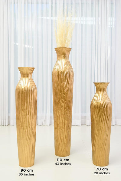 Leewadee Grosse Bodenvase für Dekozweige hohe Standvase Design Holzvase, Holz, 70 cm, golden 70 cm G