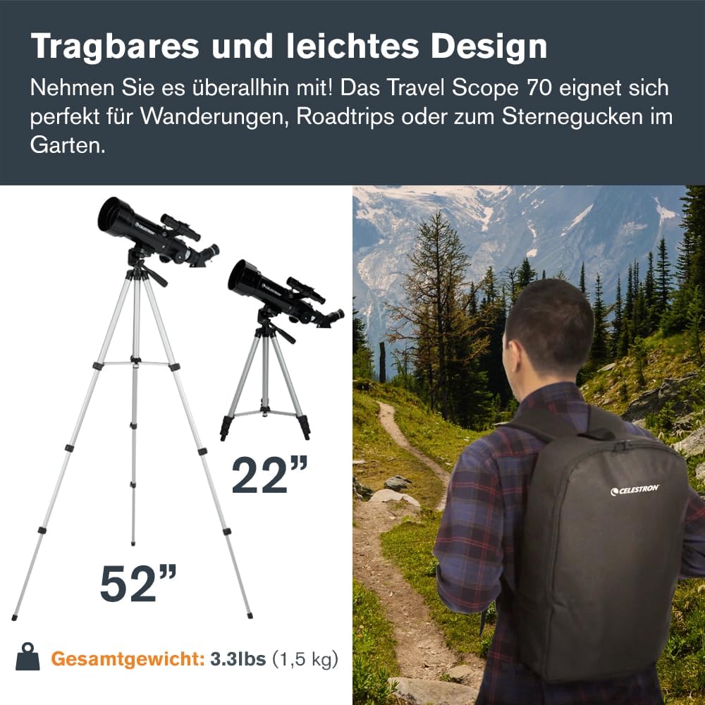 Celestron 21035 Reiseteleskop 70 Tragbares Refraktorteleskop-Set mit Rucksack, Schwarz TravelScope 7