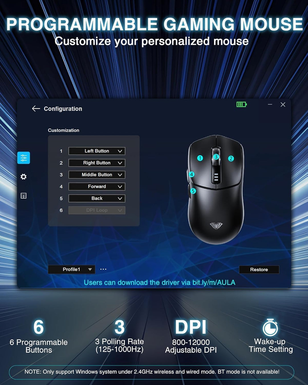 AULA SC580 Gaming Maus Kabellos,2.4GHz/USB-C/BT Wireless Gaming Mouse,12000DPI,6 Programmierbare Tas