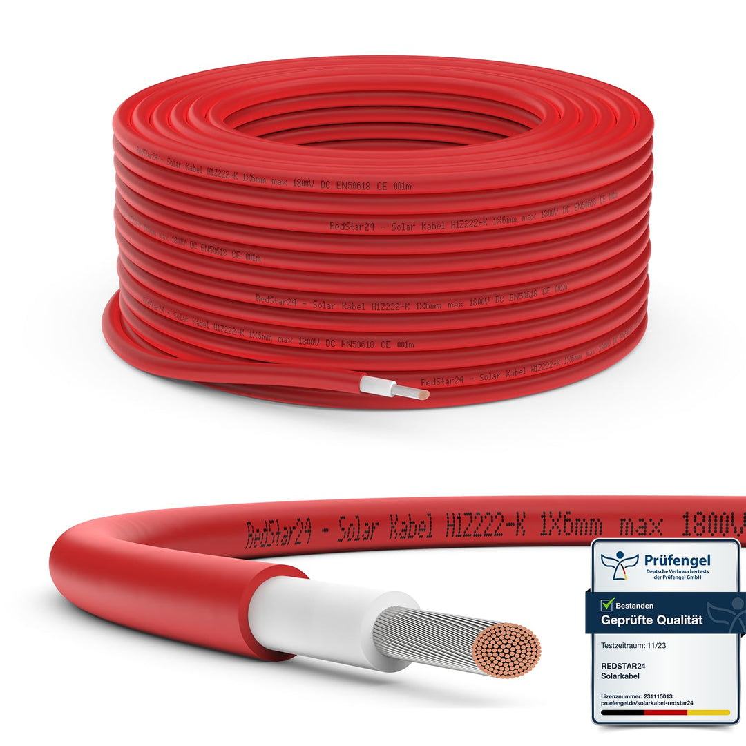 RedStar24 Premium Solarkabel 6mm² Rot - 50m - TÜV-zertifiziert - UV-beständig, flexibel, Photovoltai