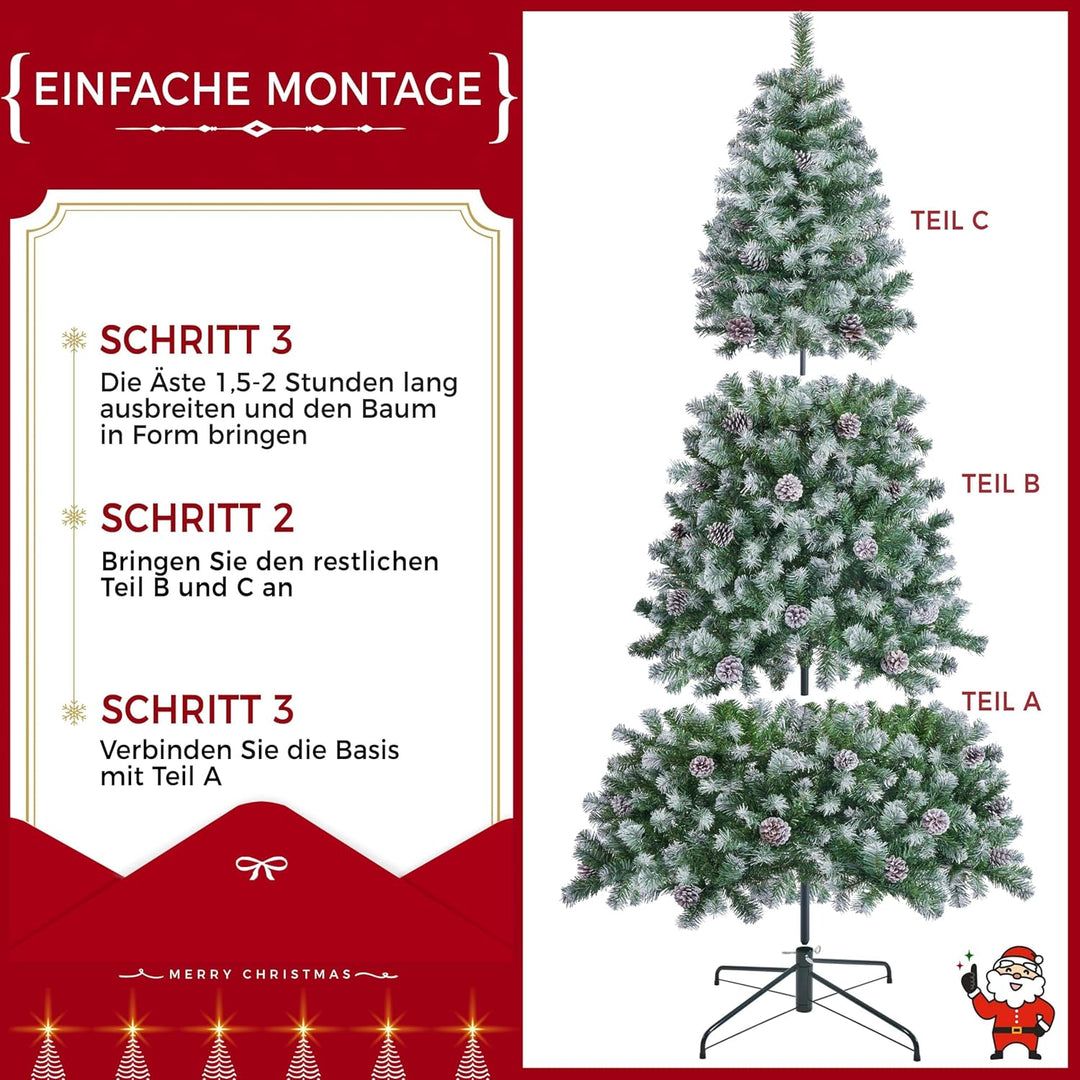 Yaheetech 228 cm künstlicher Weihnachtsbaum mit Schnee und 82 Kiefernzapfen (Ø ca.132 cm) 1346 Spitz