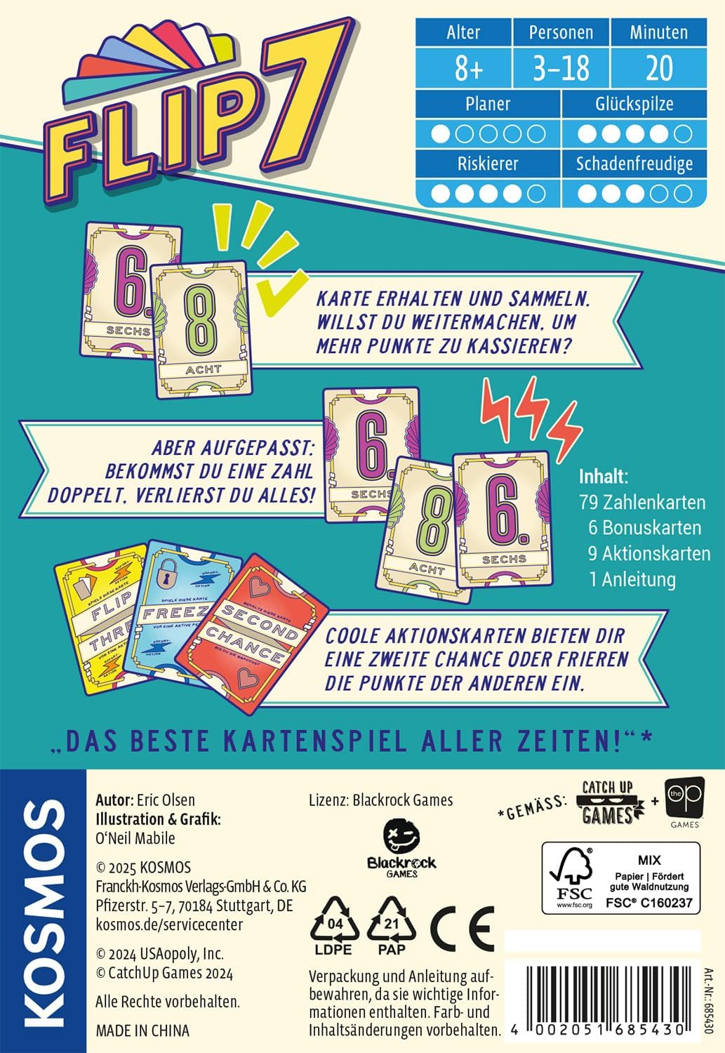Kosmos 685430 Flip 7, deutsche Ausgabe, Kartenspiel mit schnellem und einfachen Black Jack Prinzip,