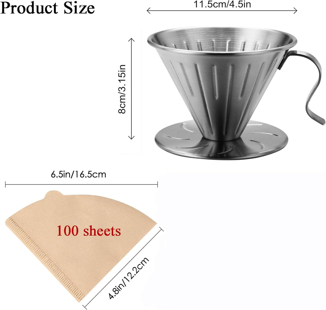 Pour Over Kaffeefilter, 304 Edelstahl mit 100 Stück Papierfilter Grösse 02 (Kaffee-Tropfer) Kaffee T