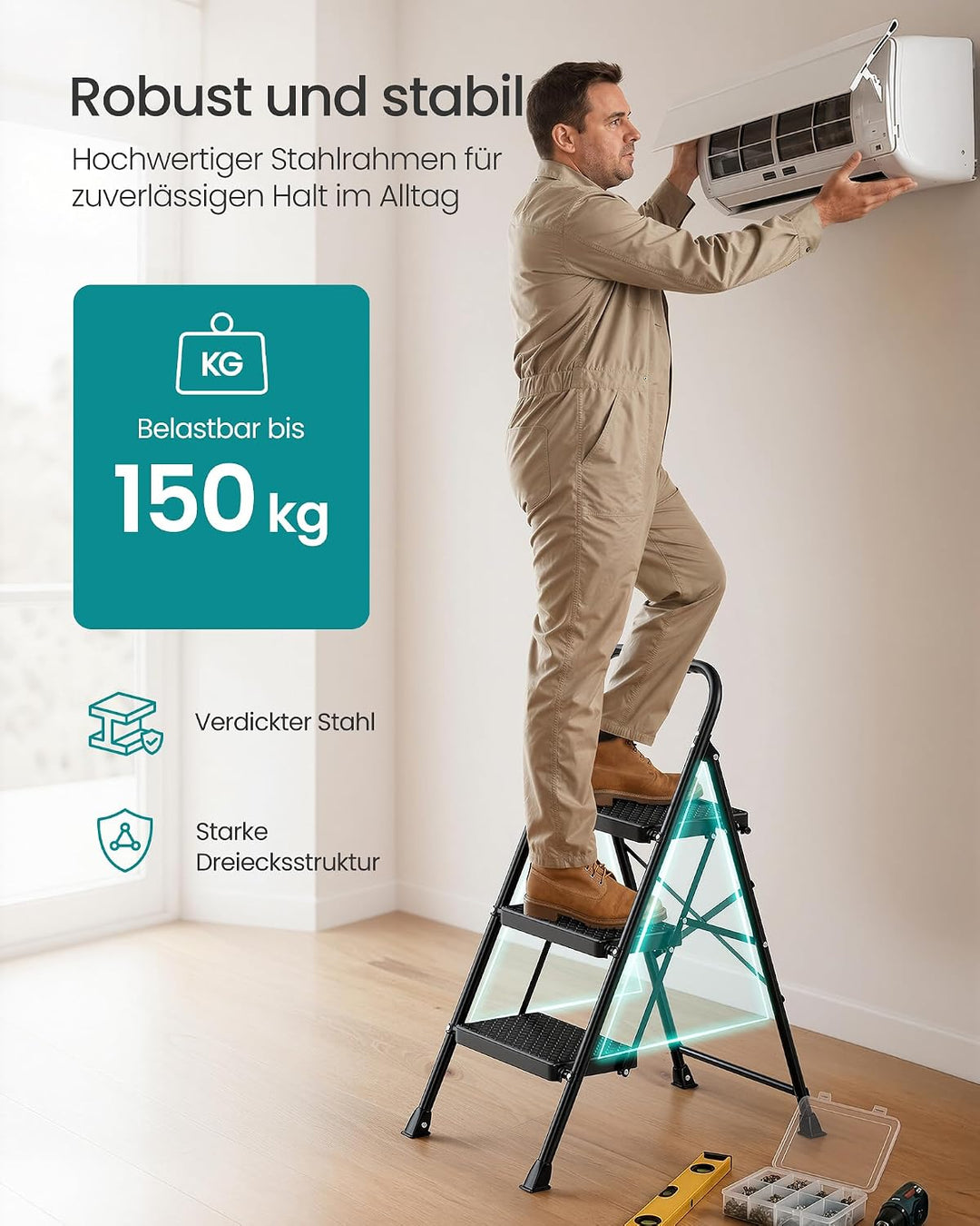 SONGMICS Trittleiter Stahl, Leiter 3 Stufen klappbar, Klappleiter belastbar bis 150 kg, Tritthocker
