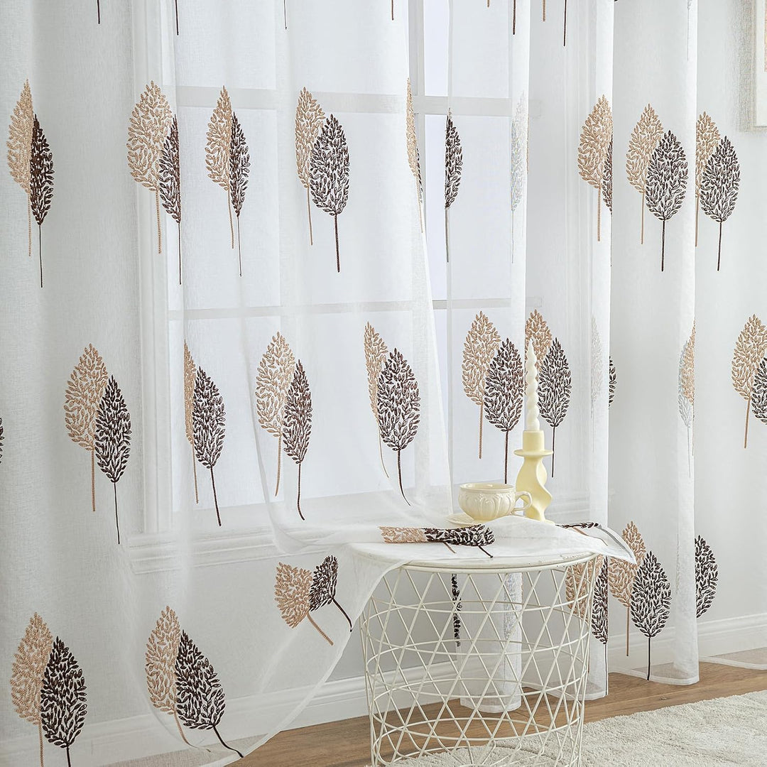 MIULEE Gardinen Transparent mit Kaffee und Braun Blätter Muster, Ösen Gardinen 280 cm Hoch, Modern G