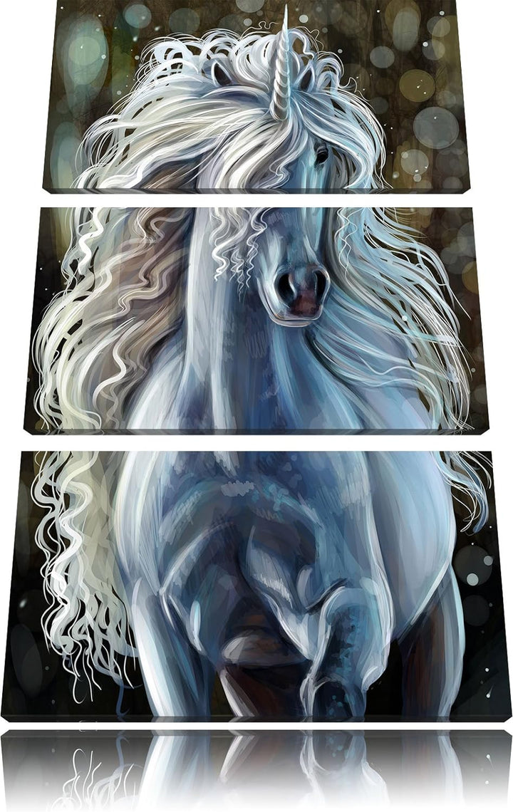 Pixxprint Trabendes weisses Einhorn als Leinwandbild | Grösse: 3 Teilig (120x80) | Wandbild| Kunstdr
