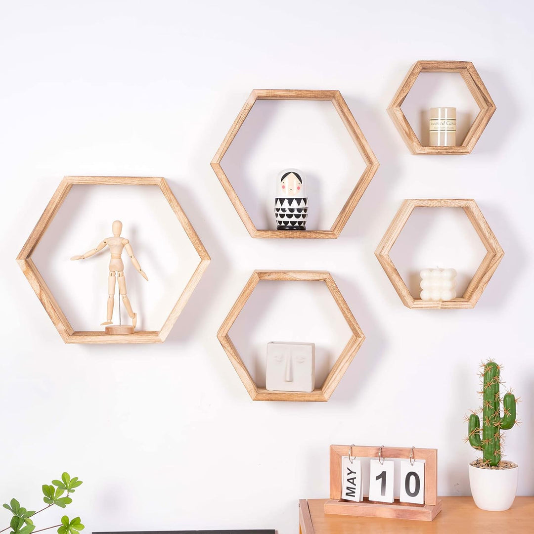 WONFUlity Hexagon schwebende Regale, 5er-Set, Wandmontage, Holz, Bauernhaus-Aufbewahrung, Waben-Wand