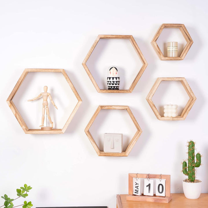 WONFUlity Hexagon schwebende Regale, 5er-Set, Wandmontage, Holz, Bauernhaus-Aufbewahrung, Waben-Wand