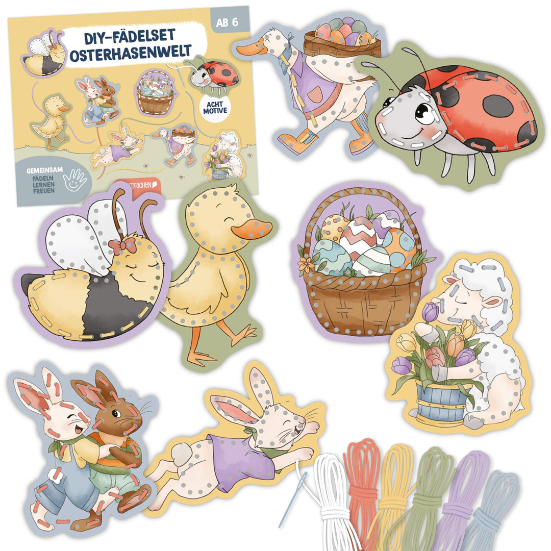 Papierdrachen Fädelset Osterhasenwelt - Pappe - DIY - Bastelset - Ostern - zur Förderung der Feinmot