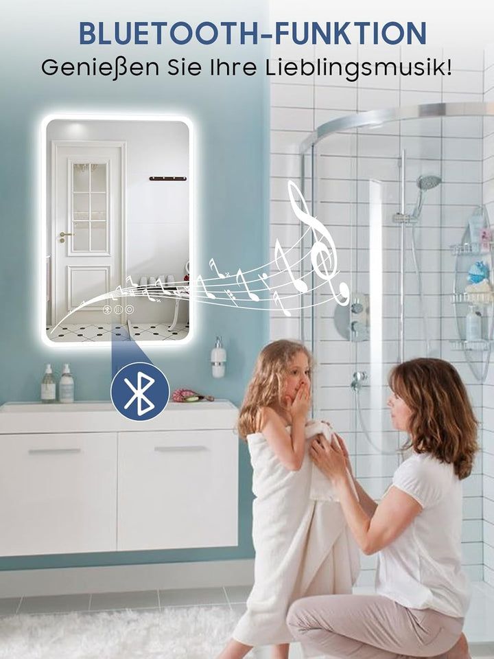 Badspiegel mit Beleuchtung,40x60cm LED Badezimmerspiegel Mit Licht und Bluetooth, Entfoggen, 3 Farbt