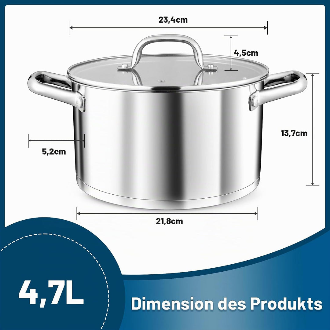 TEAMFAR Kochtopf, 4,7L Edeastahl Topf Suppentopf Induktion mit Glasdeckel, aus 3-Lagen Boden für all
