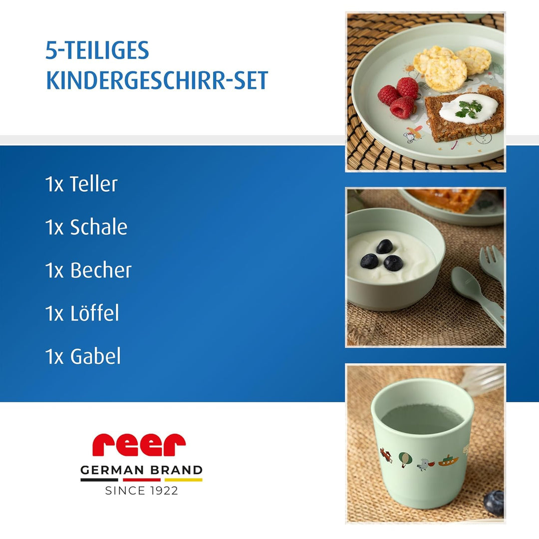 reer Kindergeschirr Set | Motiv: Little Explorer | Biokunststoff-Geschirr für Kleinkinder aus 100% I