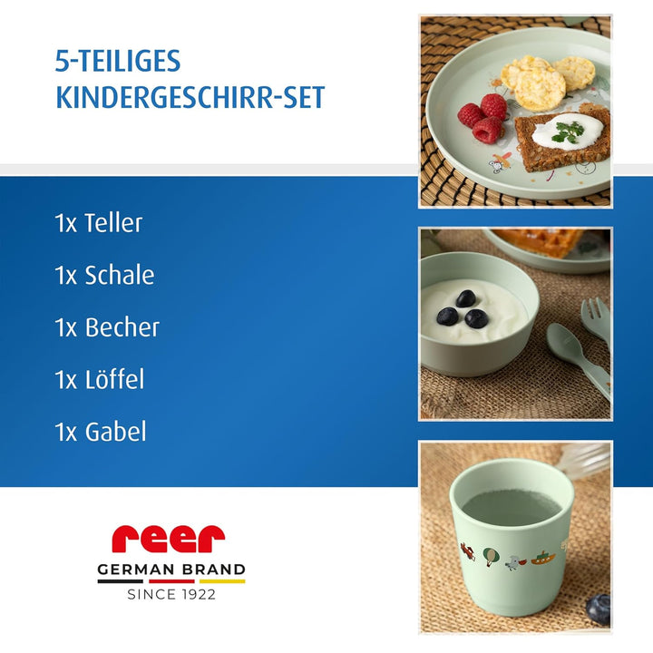 reer Kindergeschirr Set | Motiv: Little Explorer | Biokunststoff-Geschirr für Kleinkinder aus 100% I
