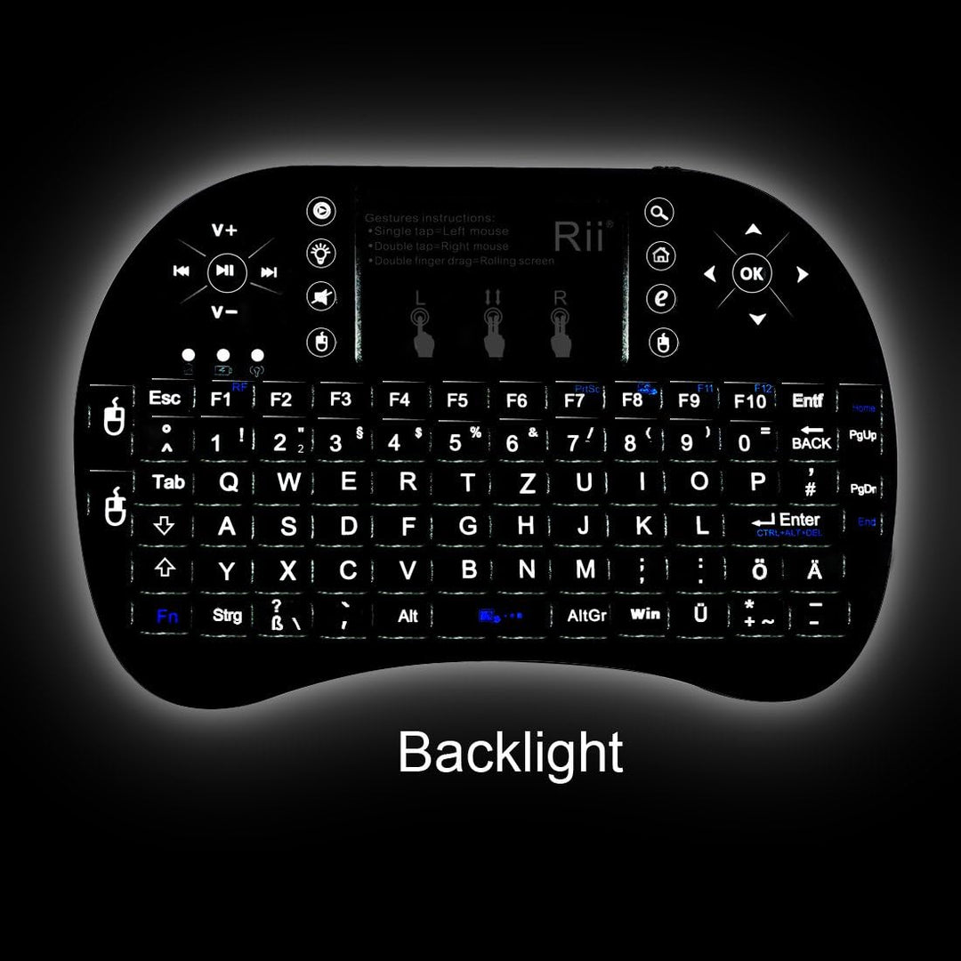 Rii Mini i8+ Wireless (QWERTZ) - Mini Beleuchtete Tastatur mit Multi-Touch Maus-Pad für Smart TV, Mi