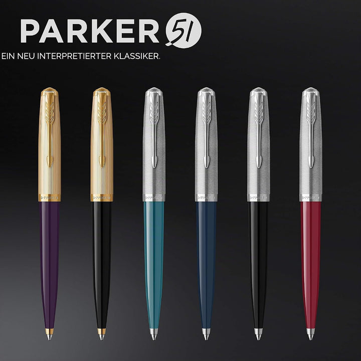 Parker 51 Kugelschreiber | Schwarzer Schaft mit Chromfarbenen Zierteilen | Mittlere Schreibspitze mi